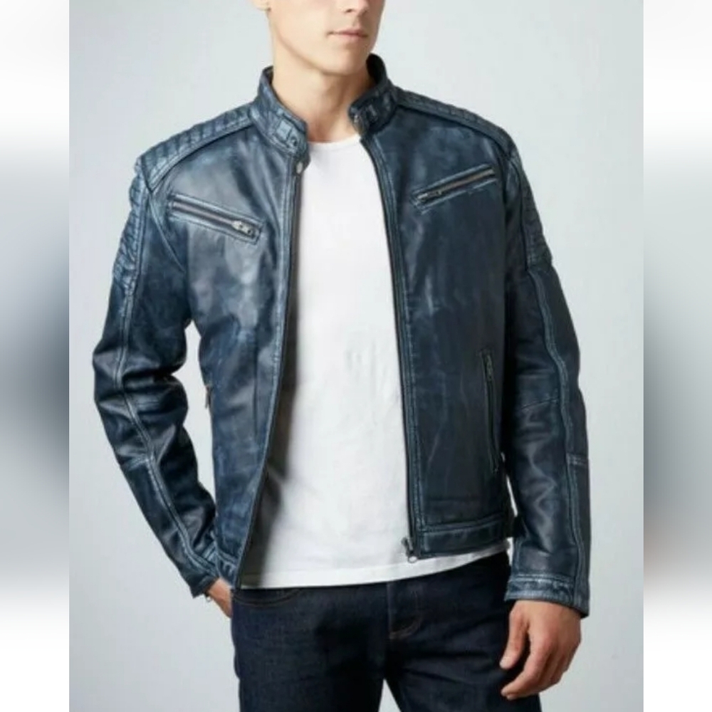 HELIUM Men's Leather Jacket, Size Large, Blue Gray *NEW!*